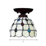 Bell/Globe Flush Light Fixture Tiffany White Grid Glass Single Beige Flush Mount Ceiling Light with Jewels Clearhalo 'Ceiling Lights' 'Close To Ceiling Lights' 'Close to ceiling' 'Flush mount' Lighting' 916314