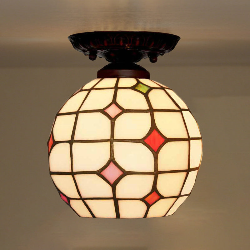 Bell/Globe Flush Light Fixture Tiffany White Grid Glass Single Beige Flush Mount Ceiling Light with Jewels Beige Globe Clearhalo 'Ceiling Lights' 'Close To Ceiling Lights' 'Close to ceiling' 'Flush mount' Lighting' 916315