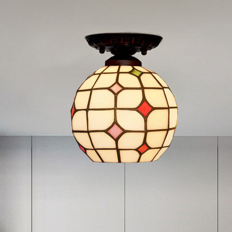 Bell/Globe Flush Light Fixture Tiffany White Grid Glass Single Beige Flush Mount Ceiling Light with Jewels Clearhalo 'Ceiling Lights' 'Close To Ceiling Lights' 'Close to ceiling' 'Flush mount' Lighting' 916316