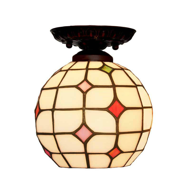 Bell/Globe Flush Light Fixture Tiffany White Grid Glass Single Beige Flush Mount Ceiling Light with Jewels Clearhalo 'Ceiling Lights' 'Close To Ceiling Lights' 'Close to ceiling' 'Flush mount' Lighting' 916317