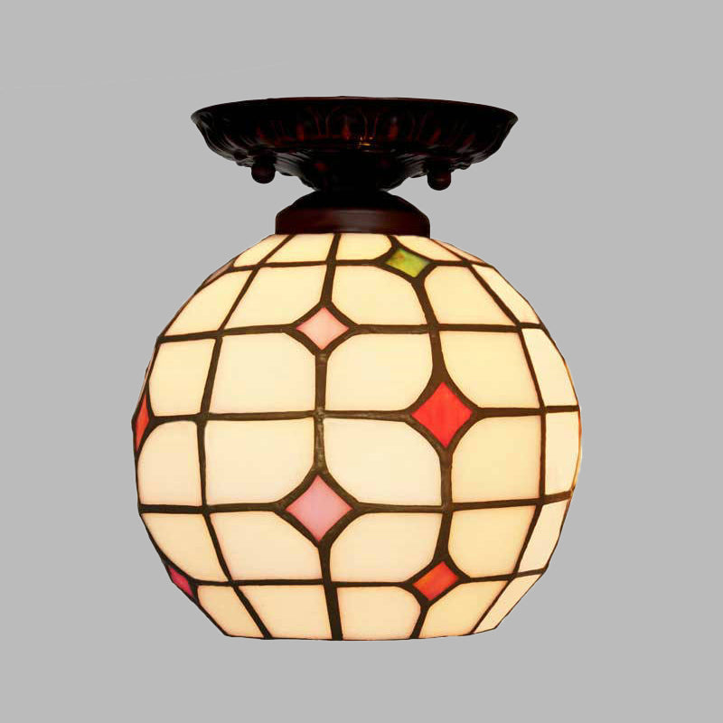 Bell/Globe Flush Light Fixture Tiffany White Grid Glass Single Beige Flush Mount Ceiling Light with Jewels Clearhalo 'Ceiling Lights' 'Close To Ceiling Lights' 'Close to ceiling' 'Flush mount' Lighting' 916318