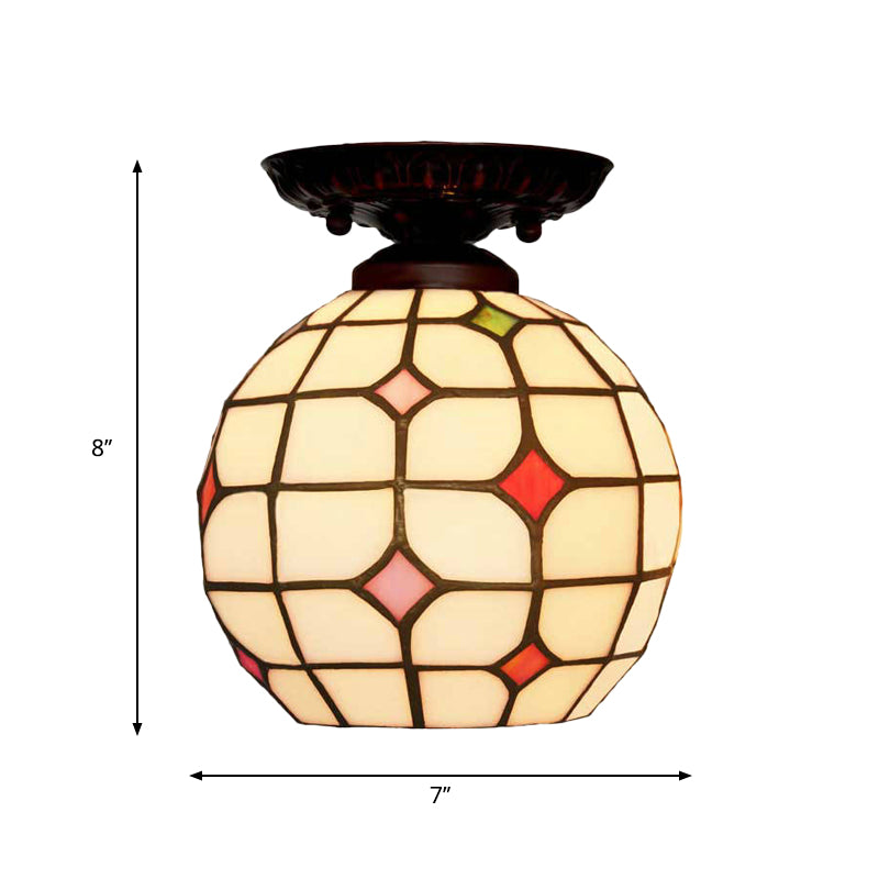 Bell/Globe Flush Light Fixture Tiffany White Grid Glass Single Beige Flush Mount Ceiling Light with Jewels Clearhalo 'Ceiling Lights' 'Close To Ceiling Lights' 'Close to ceiling' 'Flush mount' Lighting' 916319