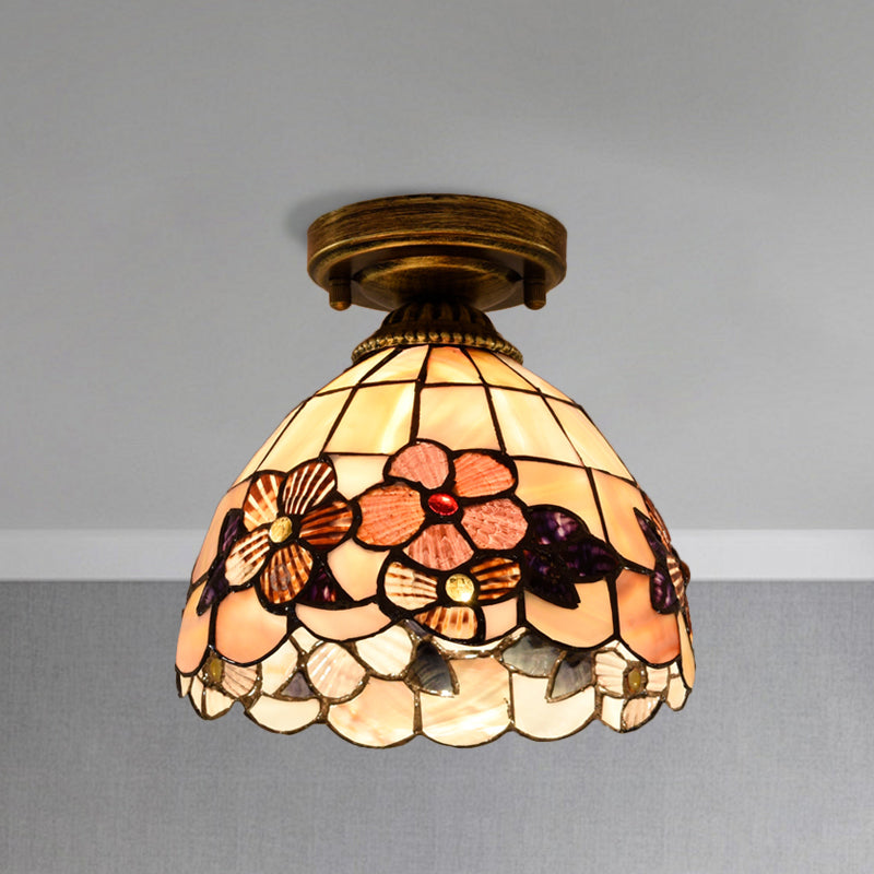 1-Bulb Flower Mini Flush Light Fixture Tiffany Beige/Pink/Orange Natural Shell Close to Ceiling Lamp Orange Clearhalo 'Ceiling Lights' 'Close To Ceiling Lights' 'Close to ceiling' 'Flush mount' Lighting' 916320