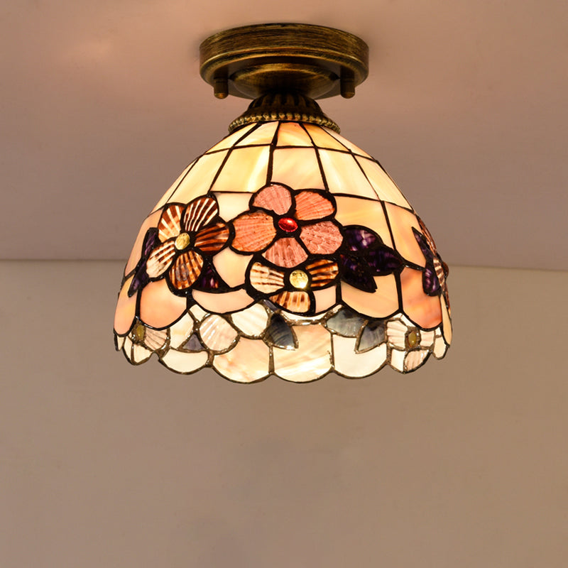 1-Bulb Flower Mini Flush Light Fixture Tiffany Beige/Pink/Orange Natural Shell Close to Ceiling Lamp Clearhalo 'Ceiling Lights' 'Close To Ceiling Lights' 'Close to ceiling' 'Flush mount' Lighting' 916321