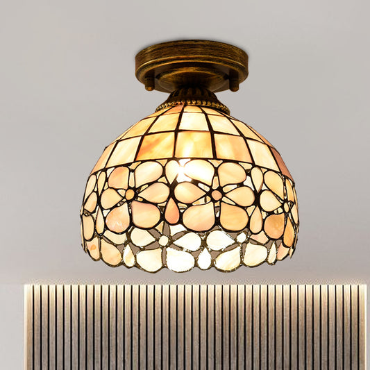 1-Bulb Flower Mini Flush Light Fixture Tiffany Beige/Pink/Orange Natural Shell Close to Ceiling Lamp Beige Clearhalo 'Ceiling Lights' 'Close To Ceiling Lights' 'Close to ceiling' 'Flush mount' Lighting' 916324