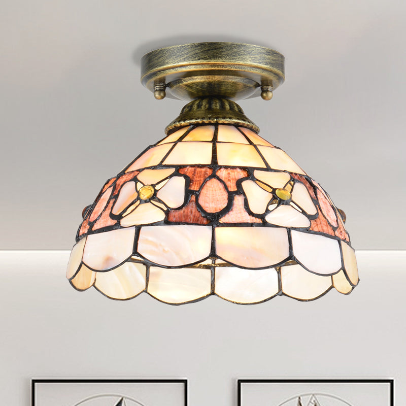 1-Bulb Flower Mini Flush Light Fixture Tiffany Beige/Pink/Orange Natural Shell Close to Ceiling Lamp Pink Clearhalo 'Ceiling Lights' 'Close To Ceiling Lights' 'Close to ceiling' 'Flush mount' Lighting' 916329