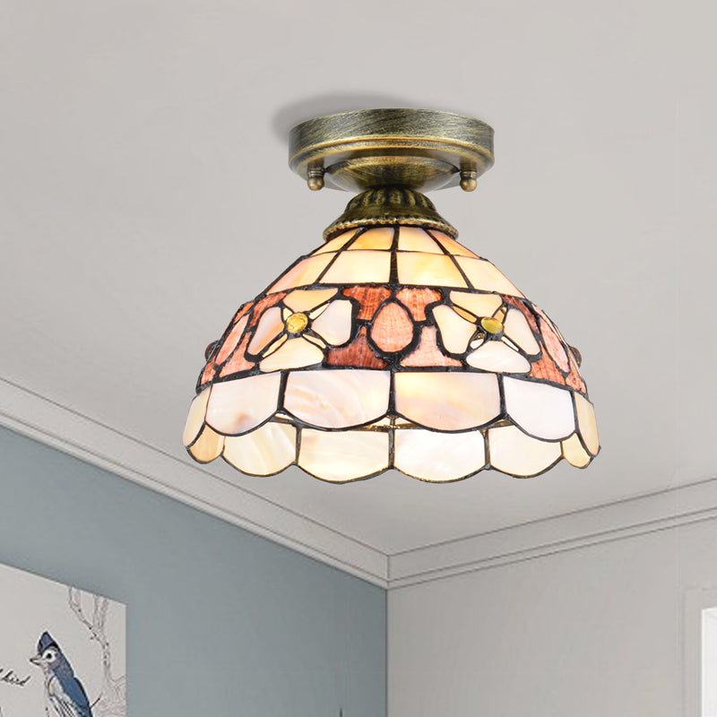 1-Bulb Flower Mini Flush Light Fixture Tiffany Beige/Pink/Orange Natural Shell Close to Ceiling Lamp Clearhalo 'Ceiling Lights' 'Close To Ceiling Lights' 'Close to ceiling' 'Flush mount' Lighting' 916330