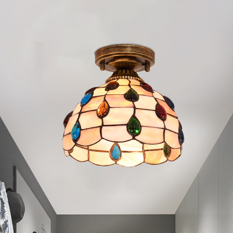 Handmade Shell Bowl Ceiling Lamp Tiffany Single-Bulb Blue/Light Blue/Beige Flush Mount with Gem-Like Cabochons Beige Clearhalo 'Ceiling Lights' 'Close To Ceiling Lights' 'Close to ceiling' 'Flush mount' Lighting' 916334