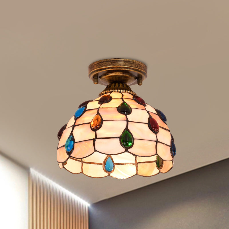 Handmade Shell Bowl Ceiling Lamp Tiffany Single-Bulb Blue/Light Blue/Beige Flush Mount with Gem-Like Cabochons Clearhalo 'Ceiling Lights' 'Close To Ceiling Lights' 'Close to ceiling' 'Flush mount' Lighting' 916335