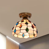 Handmade Shell Bowl Ceiling Lamp Tiffany Single-Bulb Blue/Light Blue/Beige Flush Mount with Gem-Like Cabochons Clearhalo 'Ceiling Lights' 'Close To Ceiling Lights' 'Close to ceiling' 'Flush mount' Lighting' 916335