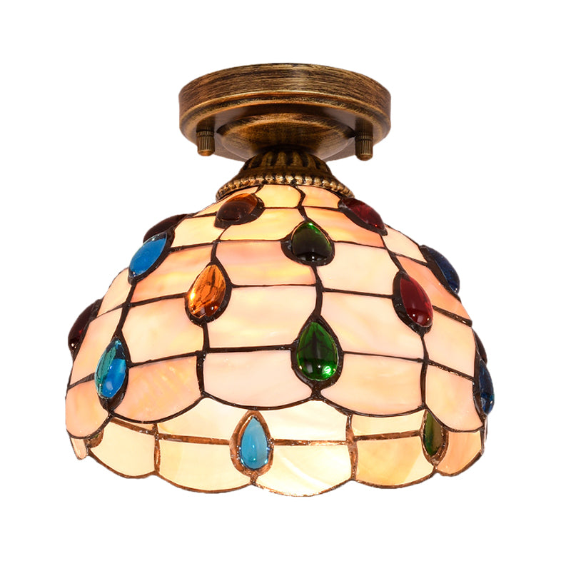 Handmade Shell Bowl Ceiling Lamp Tiffany Single-Bulb Blue/Light Blue/Beige Flush Mount with Gem-Like Cabochons Clearhalo 'Ceiling Lights' 'Close To Ceiling Lights' 'Close to ceiling' 'Flush mount' Lighting' 916336