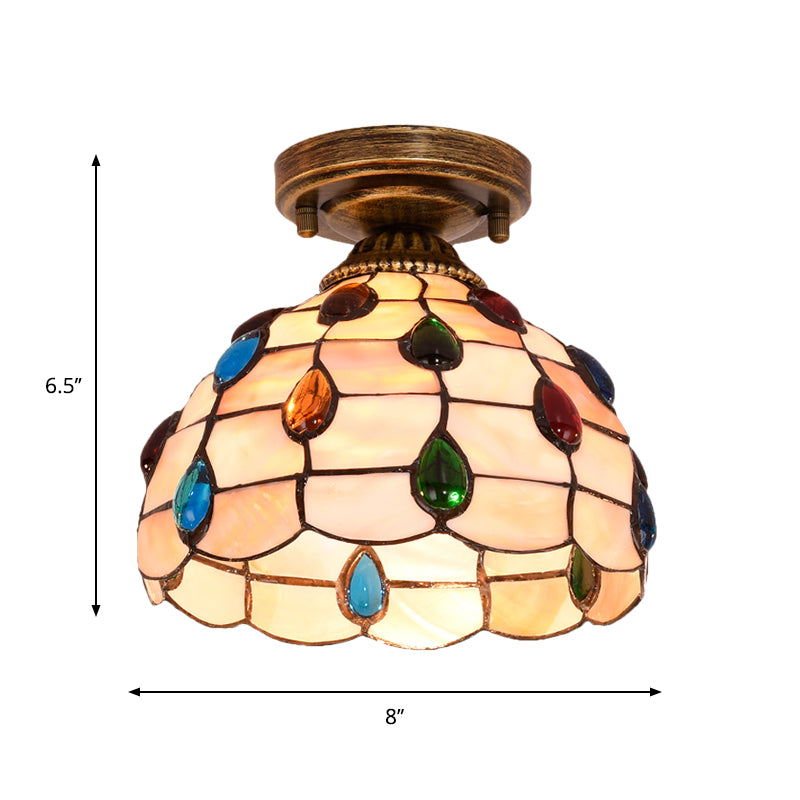 Handmade Shell Bowl Ceiling Lamp Tiffany Single-Bulb Blue/Light Blue/Beige Flush Mount with Gem-Like Cabochons Clearhalo 'Ceiling Lights' 'Close To Ceiling Lights' 'Close to ceiling' 'Flush mount' Lighting' 916337