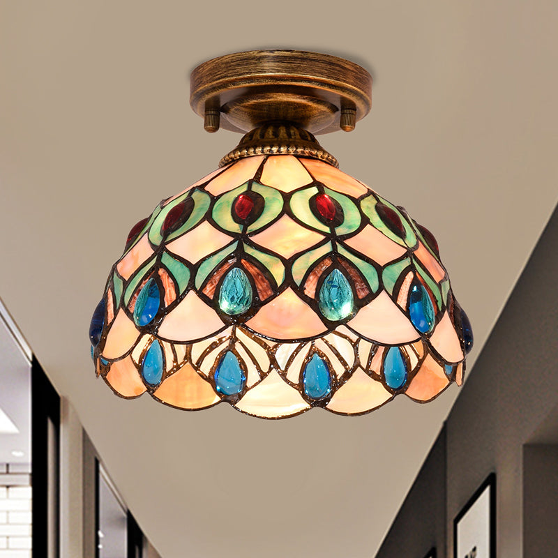 Handmade Shell Bowl Ceiling Lamp Tiffany Single-Bulb Blue/Light Blue/Beige Flush Mount with Gem-Like Cabochons Blue Clearhalo 'Ceiling Lights' 'Close To Ceiling Lights' 'Close to ceiling' 'Flush mount' Lighting' 916338