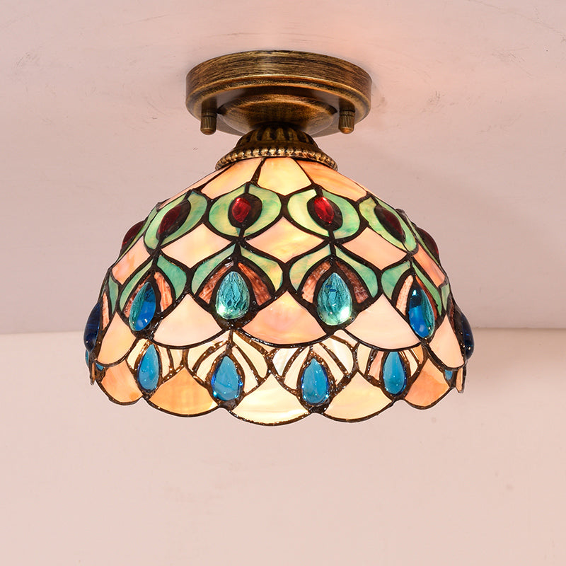 Handmade Shell Bowl Ceiling Lamp Tiffany Single-Bulb Blue/Light Blue/Beige Flush Mount with Gem-Like Cabochons Clearhalo 'Ceiling Lights' 'Close To Ceiling Lights' 'Close to ceiling' 'Flush mount' Lighting' 916339