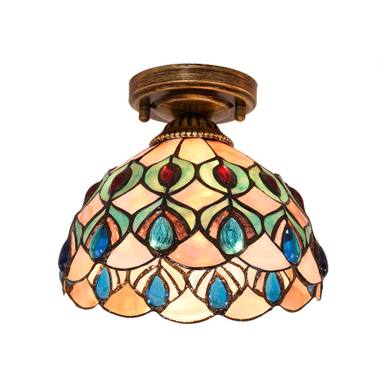 Handmade Shell Bowl Ceiling Lamp Tiffany Single-Bulb Blue/Light Blue/Beige Flush Mount with Gem-Like Cabochons Clearhalo 'Ceiling Lights' 'Close To Ceiling Lights' 'Close to ceiling' 'Flush mount' Lighting' 916340