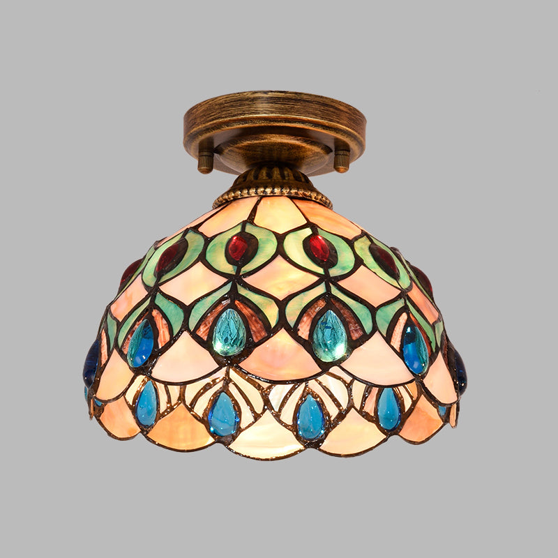 Handmade Shell Bowl Ceiling Lamp Tiffany Single-Bulb Blue/Light Blue/Beige Flush Mount with Gem-Like Cabochons Clearhalo 'Ceiling Lights' 'Close To Ceiling Lights' 'Close to ceiling' 'Flush mount' Lighting' 916341