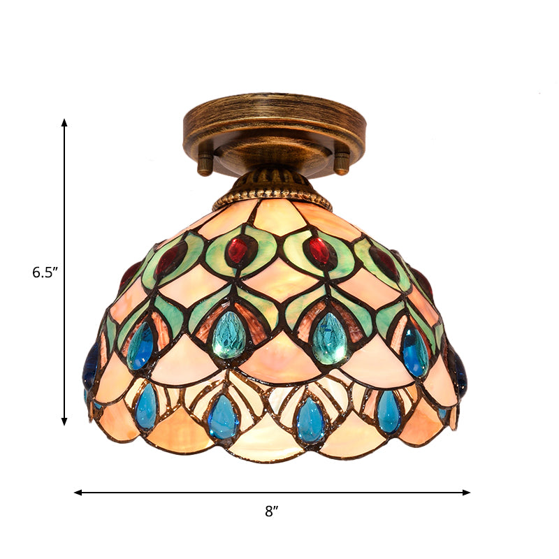 Handmade Shell Bowl Ceiling Lamp Tiffany Single-Bulb Blue/Light Blue/Beige Flush Mount with Gem-Like Cabochons Clearhalo 'Ceiling Lights' 'Close To Ceiling Lights' 'Close to ceiling' 'Flush mount' Lighting' 916342