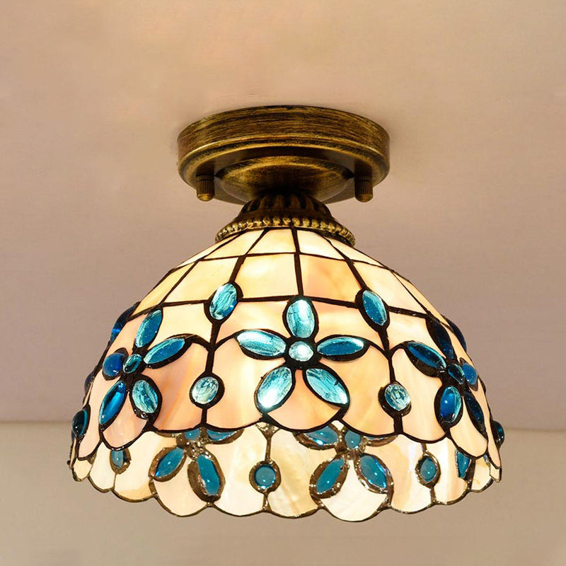 Handmade Shell Bowl Ceiling Lamp Tiffany Single-Bulb Blue/Light Blue/Beige Flush Mount with Gem-Like Cabochons Clearhalo 'Ceiling Lights' 'Close To Ceiling Lights' 'Close to ceiling' 'Flush mount' Lighting' 916344