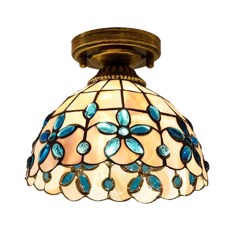 Handmade Shell Bowl Ceiling Lamp Tiffany Single-Bulb Blue/Light Blue/Beige Flush Mount with Gem-Like Cabochons Clearhalo 'Ceiling Lights' 'Close To Ceiling Lights' 'Close to ceiling' 'Flush mount' Lighting' 916345