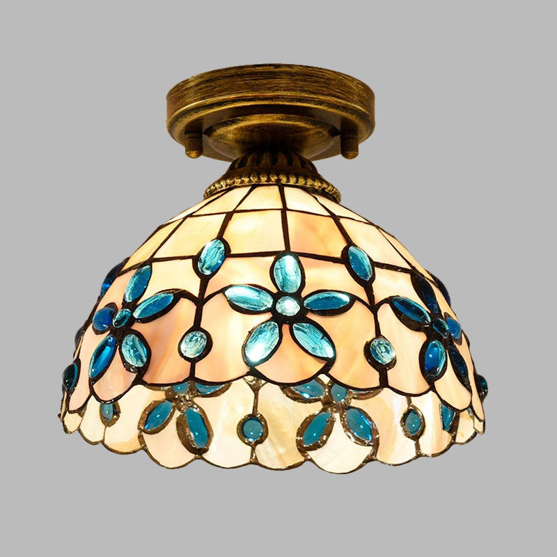 Handmade Shell Bowl Ceiling Lamp Tiffany Single-Bulb Blue/Light Blue/Beige Flush Mount with Gem-Like Cabochons Clearhalo 'Ceiling Lights' 'Close To Ceiling Lights' 'Close to ceiling' 'Flush mount' Lighting' 916346