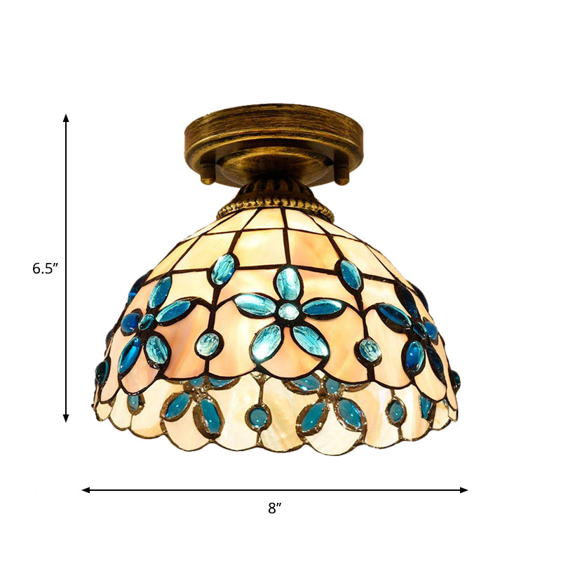 Handmade Shell Bowl Ceiling Lamp Tiffany Single-Bulb Blue/Light Blue/Beige Flush Mount with Gem-Like Cabochons Clearhalo 'Ceiling Lights' 'Close To Ceiling Lights' 'Close to ceiling' 'Flush mount' Lighting' 916347