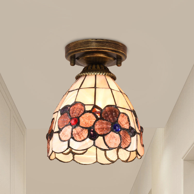 Tiffany Floral Bell Flush Mount 1-Light Shell Ceiling Light Fixture in Beige/Red-White/Pink for Living Room Clearhalo 'Ceiling Lights' 'Close To Ceiling Lights' 'Close to ceiling' 'Flush mount' Lighting' 916353