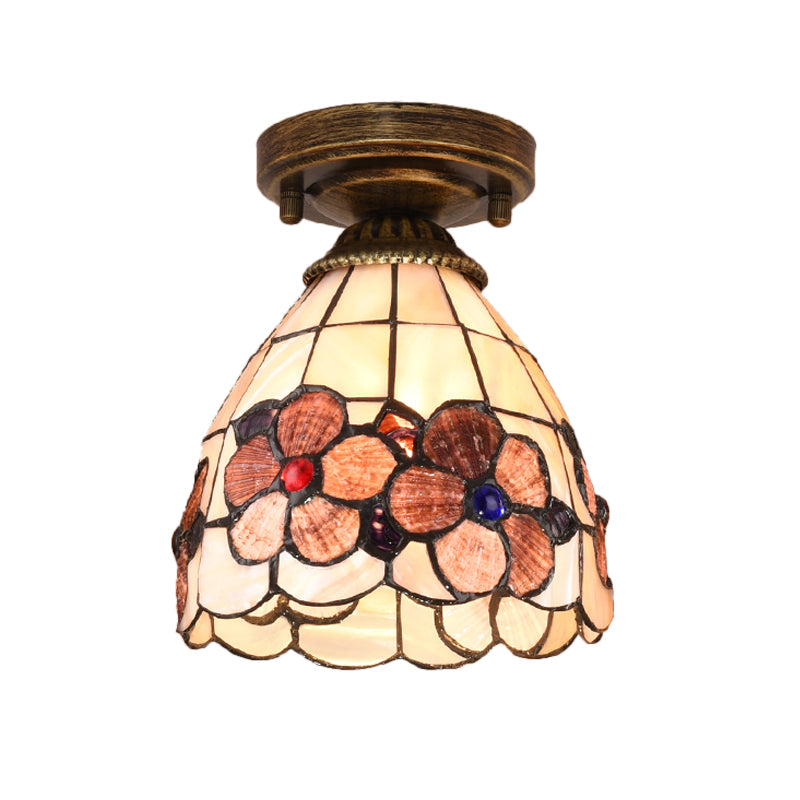 Tiffany Floral Bell Flush Mount 1-Light Shell Ceiling Light Fixture in Beige/Red-White/Pink for Living Room Clearhalo 'Ceiling Lights' 'Close To Ceiling Lights' 'Close to ceiling' 'Flush mount' Lighting' 916354