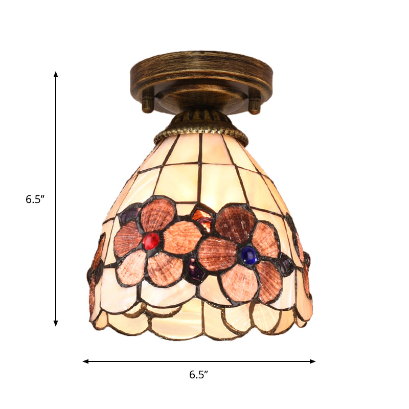 Tiffany Floral Bell Flush Mount 1-Light Shell Ceiling Light Fixture in Beige/Red-White/Pink for Living Room Clearhalo 'Ceiling Lights' 'Close To Ceiling Lights' 'Close to ceiling' 'Flush mount' Lighting' 916356