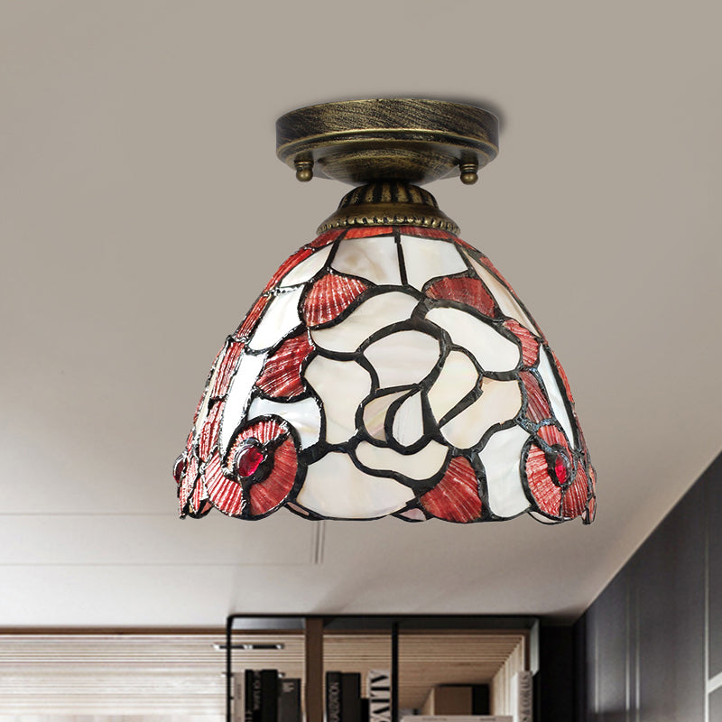 Tiffany Floral Bell Flush Mount 1-Light Shell Ceiling Light Fixture in Beige/Red-White/Pink for Living Room Red-White Clearhalo 'Ceiling Lights' 'Close To Ceiling Lights' 'Close to ceiling' 'Flush mount' Lighting' 916357