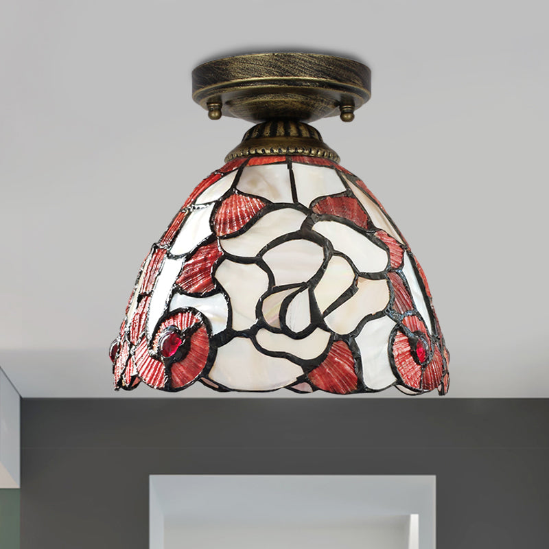 Tiffany Floral Bell Flush Mount 1-Light Shell Ceiling Light Fixture in Beige/Red-White/Pink for Living Room Clearhalo 'Ceiling Lights' 'Close To Ceiling Lights' 'Close to ceiling' 'Flush mount' Lighting' 916358