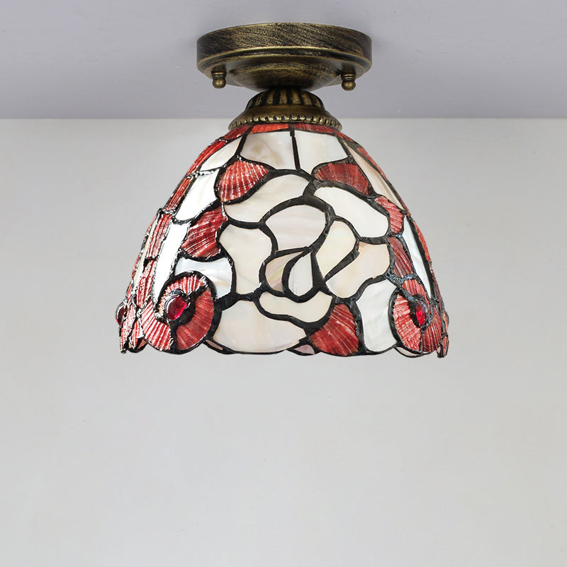 Tiffany Floral Bell Flush Mount 1-Light Shell Ceiling Light Fixture in Beige/Red-White/Pink for Living Room Clearhalo 'Ceiling Lights' 'Close To Ceiling Lights' 'Close to ceiling' 'Flush mount' Lighting' 916359