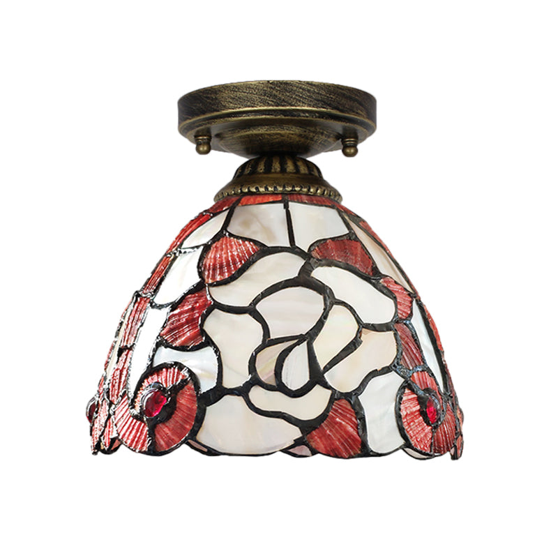 Tiffany Floral Bell Flush Mount 1-Light Shell Ceiling Light Fixture in Beige/Red-White/Pink for Living Room Clearhalo 'Ceiling Lights' 'Close To Ceiling Lights' 'Close to ceiling' 'Flush mount' Lighting' 916360