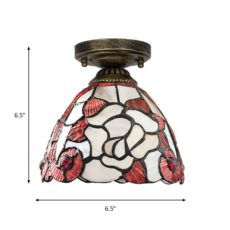 Tiffany Floral Bell Flush Mount 1-Light Shell Ceiling Light Fixture in Beige/Red-White/Pink for Living Room Clearhalo 'Ceiling Lights' 'Close To Ceiling Lights' 'Close to ceiling' 'Flush mount' Lighting' 916361