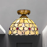 Brass Single Flushmount Lamp Tiffany Flower Patterned Bowl Shell Flush Ceiling Light Fixture Clearhalo 'Ceiling Lights' 'Close To Ceiling Lights' 'Close to ceiling' 'Flush mount' Lighting' 916363