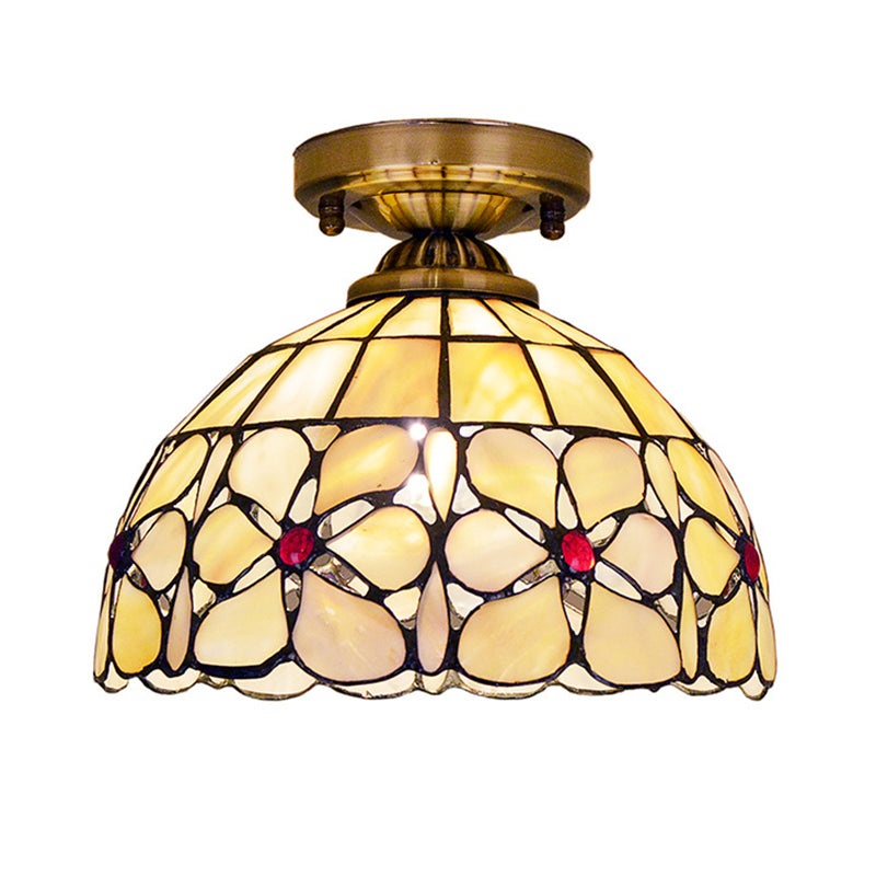 Brass Single Flushmount Lamp Tiffany Flower Patterned Bowl Shell Flush Ceiling Light Fixture Clearhalo 'Ceiling Lights' 'Close To Ceiling Lights' 'Close to ceiling' 'Flush mount' Lighting' 916364