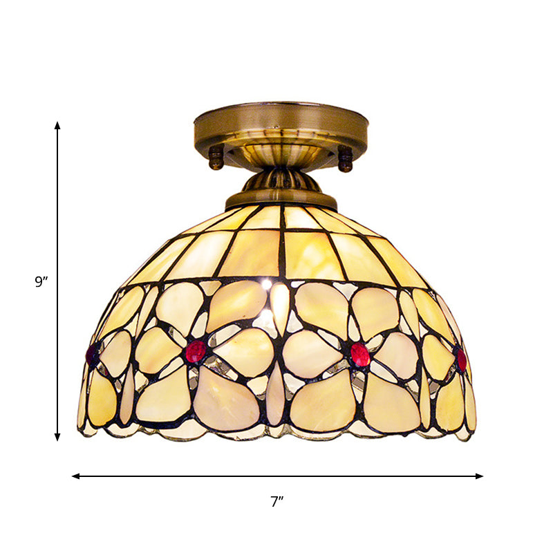 Brass Single Flushmount Lamp Tiffany Flower Patterned Bowl Shell Flush Ceiling Light Fixture Clearhalo 'Ceiling Lights' 'Close To Ceiling Lights' 'Close to ceiling' 'Flush mount' Lighting' 916365