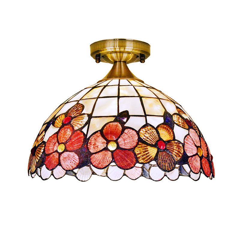 1-Light Flushmount Lighting Tiffany Flower-Edge Bowl Shell Close to Ceiling Light Fixture in Brass Clearhalo 'Ceiling Lights' 'Close To Ceiling Lights' 'Close to ceiling' 'Flush mount' Lighting' 916381