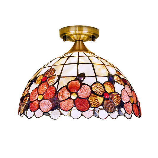 1-Light Flushmount Lighting Tiffany Flower-Edge Bowl Shell Close to Ceiling Light Fixture in Brass Clearhalo 'Ceiling Lights' 'Close To Ceiling Lights' 'Close to ceiling' 'Flush mount' Lighting' 916381