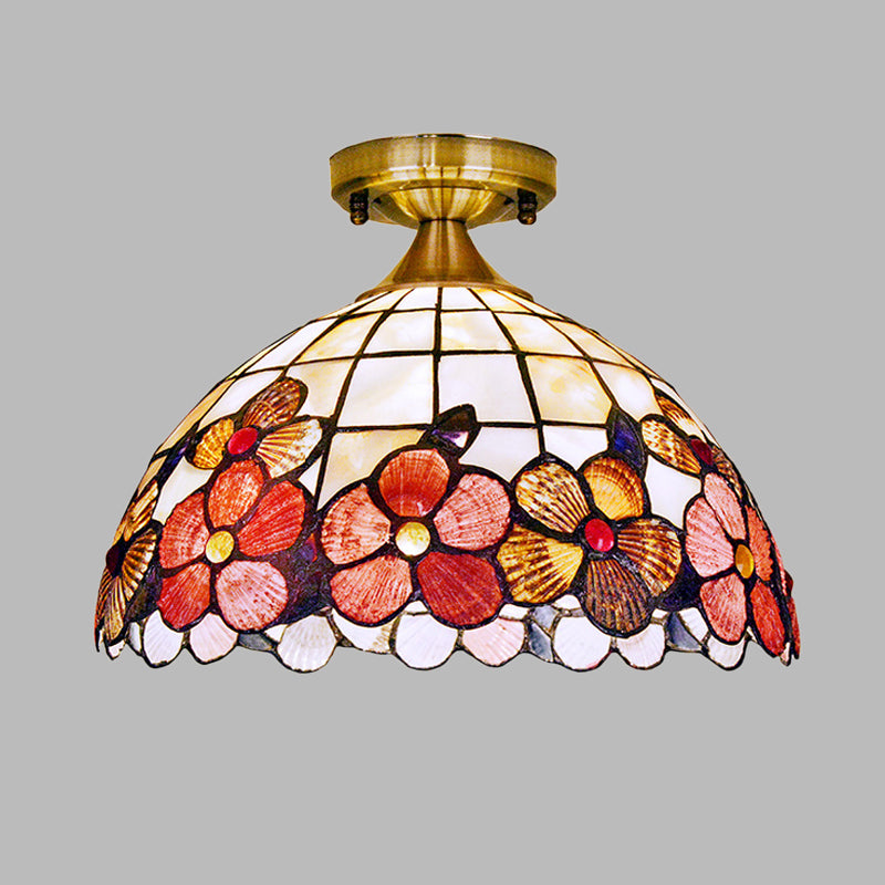 1-Light Flushmount Lighting Tiffany Flower-Edge Bowl Shell Close to Ceiling Light Fixture in Brass Clearhalo 'Ceiling Lights' 'Close To Ceiling Lights' 'Close to ceiling' 'Flush mount' Lighting' 916382