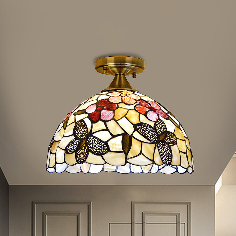 Single Kitchen Ceiling Flush Light Tiffany Brass Flush Mount with Flower-Butterfly Shell Shade Brass Clearhalo 'Ceiling Lights' 'Close To Ceiling Lights' 'Close to ceiling' 'Flush mount' Lighting' 916384