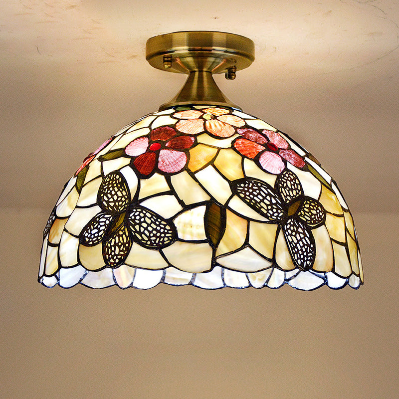 Single Kitchen Ceiling Flush Light Tiffany Brass Flush Mount with Flower-Butterfly Shell Shade Clearhalo 'Ceiling Lights' 'Close To Ceiling Lights' 'Close to ceiling' 'Flush mount' Lighting' 916385