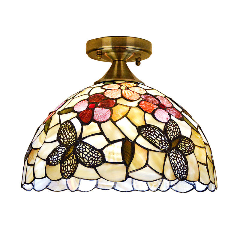 Single Kitchen Ceiling Flush Light Tiffany Brass Flush Mount with Flower-Butterfly Shell Shade Clearhalo 'Ceiling Lights' 'Close To Ceiling Lights' 'Close to ceiling' 'Flush mount' Lighting' 916386