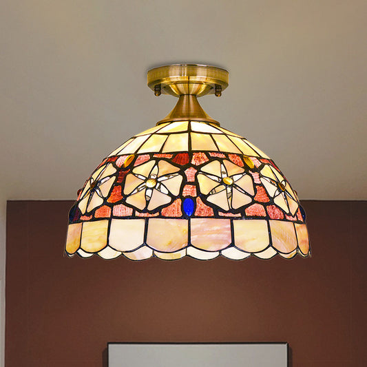 Hand-Worked Bowl Shell Ceiling Lighting Tiffany Style 1 Head Brass Flush Mounted Lamp Brass Clearhalo 'Ceiling Lights' 'Close To Ceiling Lights' 'Close to ceiling' 'Flush mount' Lighting' 916388