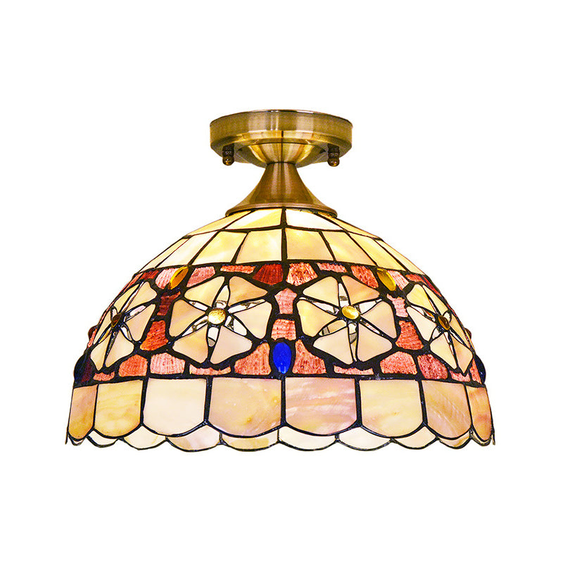 Hand-Worked Bowl Shell Ceiling Lighting Tiffany Style 1 Head Brass Flush Mounted Lamp Clearhalo 'Ceiling Lights' 'Close To Ceiling Lights' 'Close to ceiling' 'Flush mount' Lighting' 916389