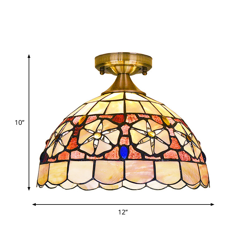 Hand-Worked Bowl Shell Ceiling Lighting Tiffany Style 1 Head Brass Flush Mounted Lamp Clearhalo 'Ceiling Lights' 'Close To Ceiling Lights' 'Close to ceiling' 'Flush mount' Lighting' 916391