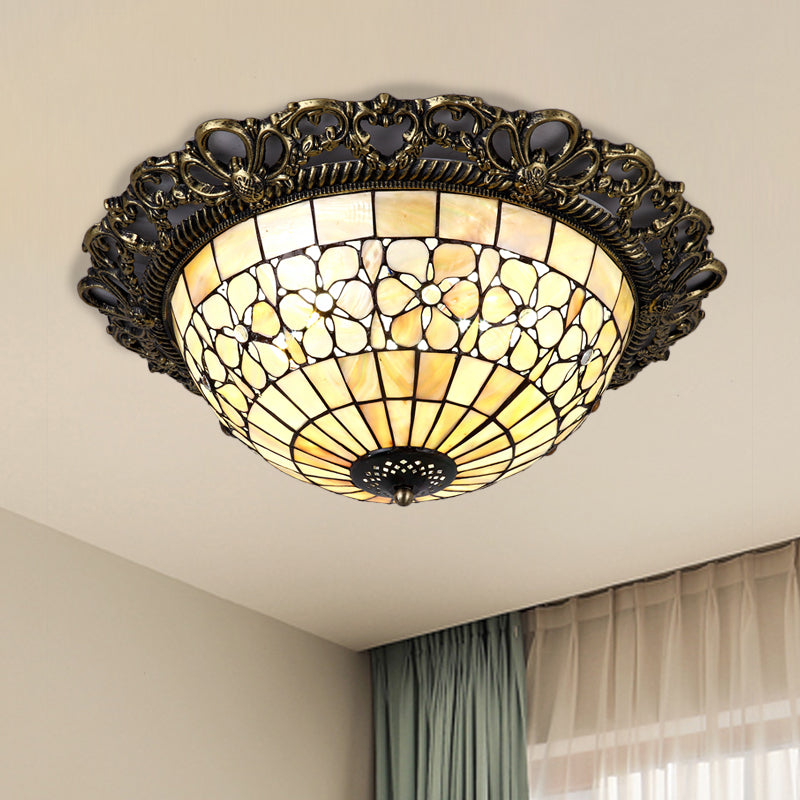 Brass 3-Light Flush Mount Fixture Baroque Shell Dome Shaped Ceiling Lamp with Embossed Flower Trim Brass Clearhalo 'Ceiling Lights' 'Close To Ceiling Lights' 'Close to ceiling' 'Flush mount' Lighting' 916396