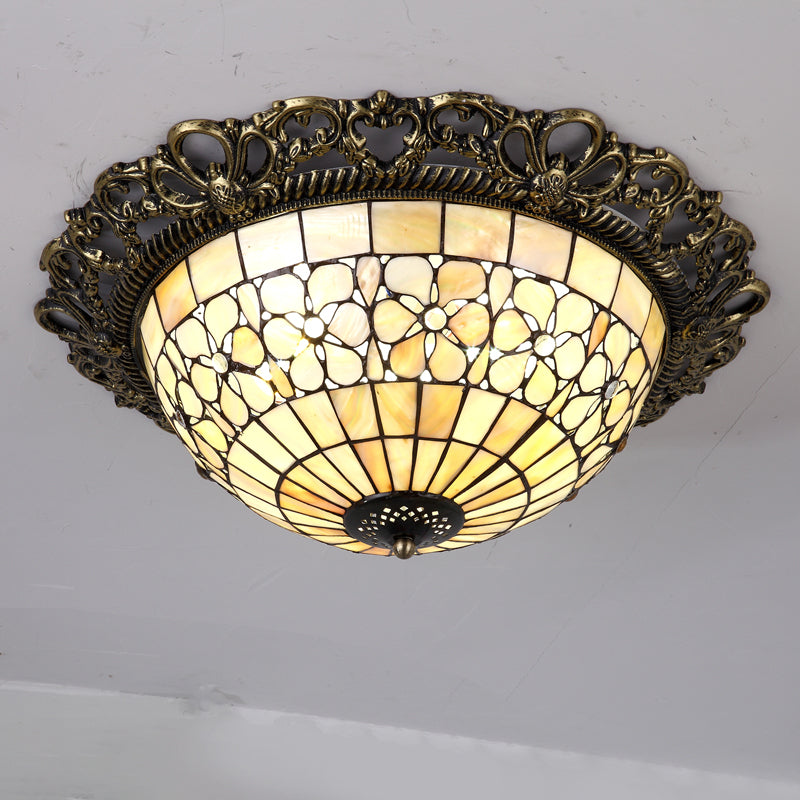 Brass 3-Light Flush Mount Fixture Baroque Shell Dome Shaped Ceiling Lamp with Embossed Flower Trim Clearhalo 'Ceiling Lights' 'Close To Ceiling Lights' 'Close to ceiling' 'Flush mount' Lighting' 916397