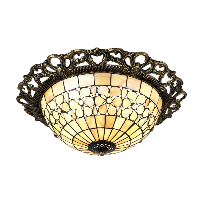 Brass 3-Light Flush Mount Fixture Baroque Shell Dome Shaped Ceiling Lamp with Embossed Flower Trim Clearhalo 'Ceiling Lights' 'Close To Ceiling Lights' 'Close to ceiling' 'Flush mount' Lighting' 916398