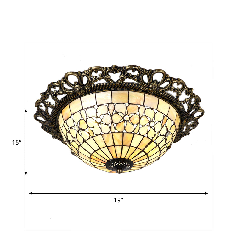 Brass 3-Light Flush Mount Fixture Baroque Shell Dome Shaped Ceiling Lamp with Embossed Flower Trim Clearhalo 'Ceiling Lights' 'Close To Ceiling Lights' 'Close to ceiling' 'Flush mount' Lighting' 916399