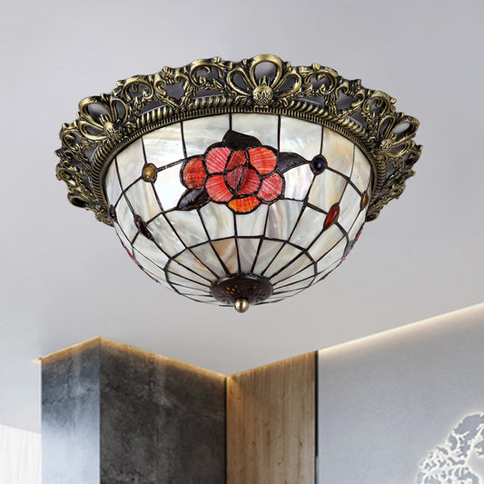 Gridded Hemispherical Ceiling Light 2-Bulb Natural Shell Baroque Flush Mount Lighting in Brass Brass Clearhalo 'Ceiling Lights' 'Close To Ceiling Lights' 'Close to ceiling' 'Flush mount' Lighting' 916400